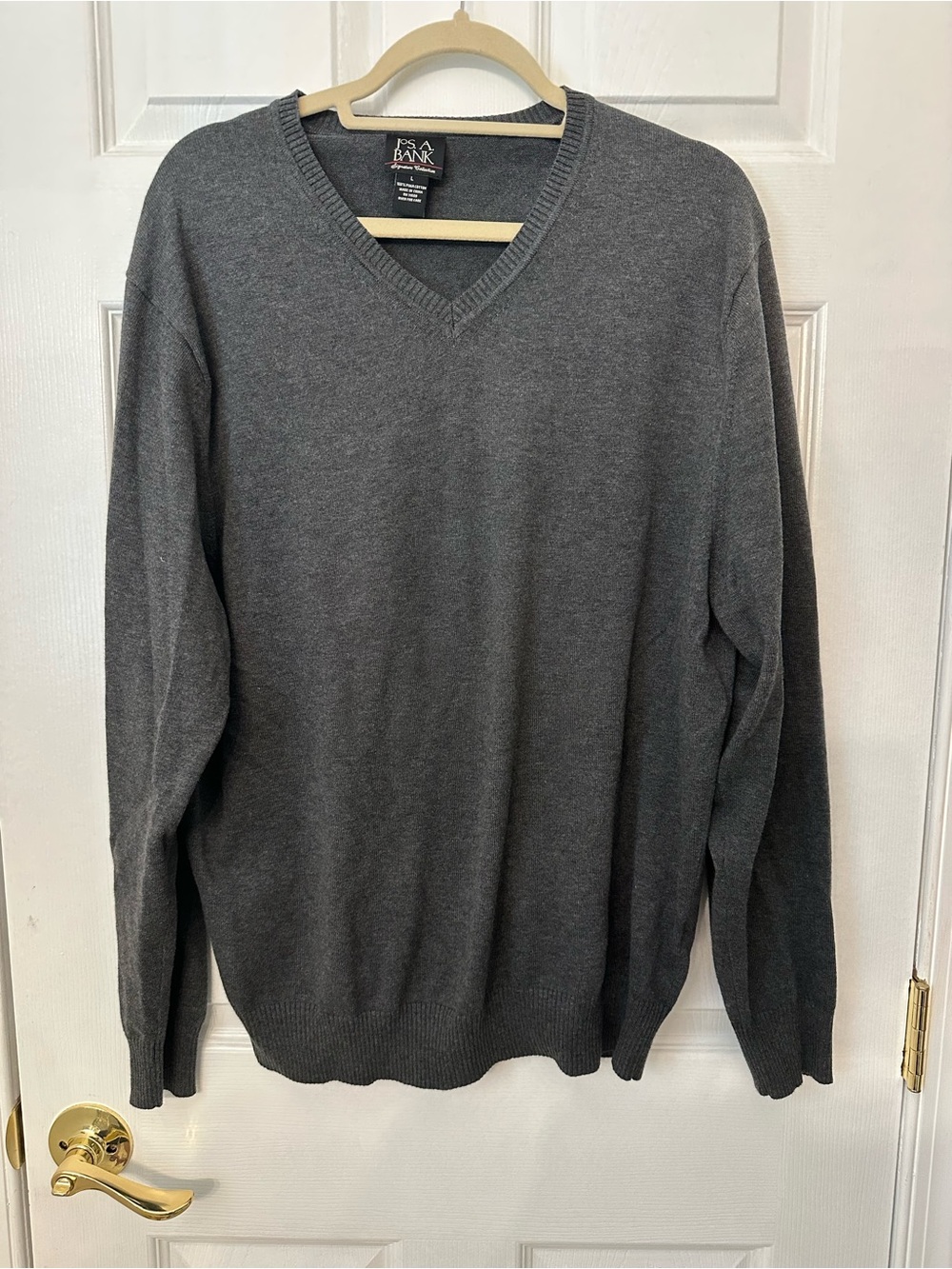 Jos. A. Bank Men's Gray Knit V-Neck Pullover Sweater L Cotton Solid Regular